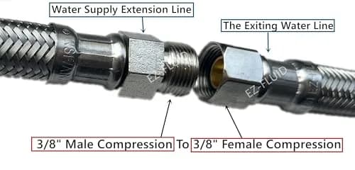 EZ-FLUID 12-Inch Faucet Supply Extension Line 3/8" Male Comp. To 3/8" Female Compression Stainless Steel Braided Faucet Extension Supply Hose Connector Lines (1-Pack) thumbnail 2