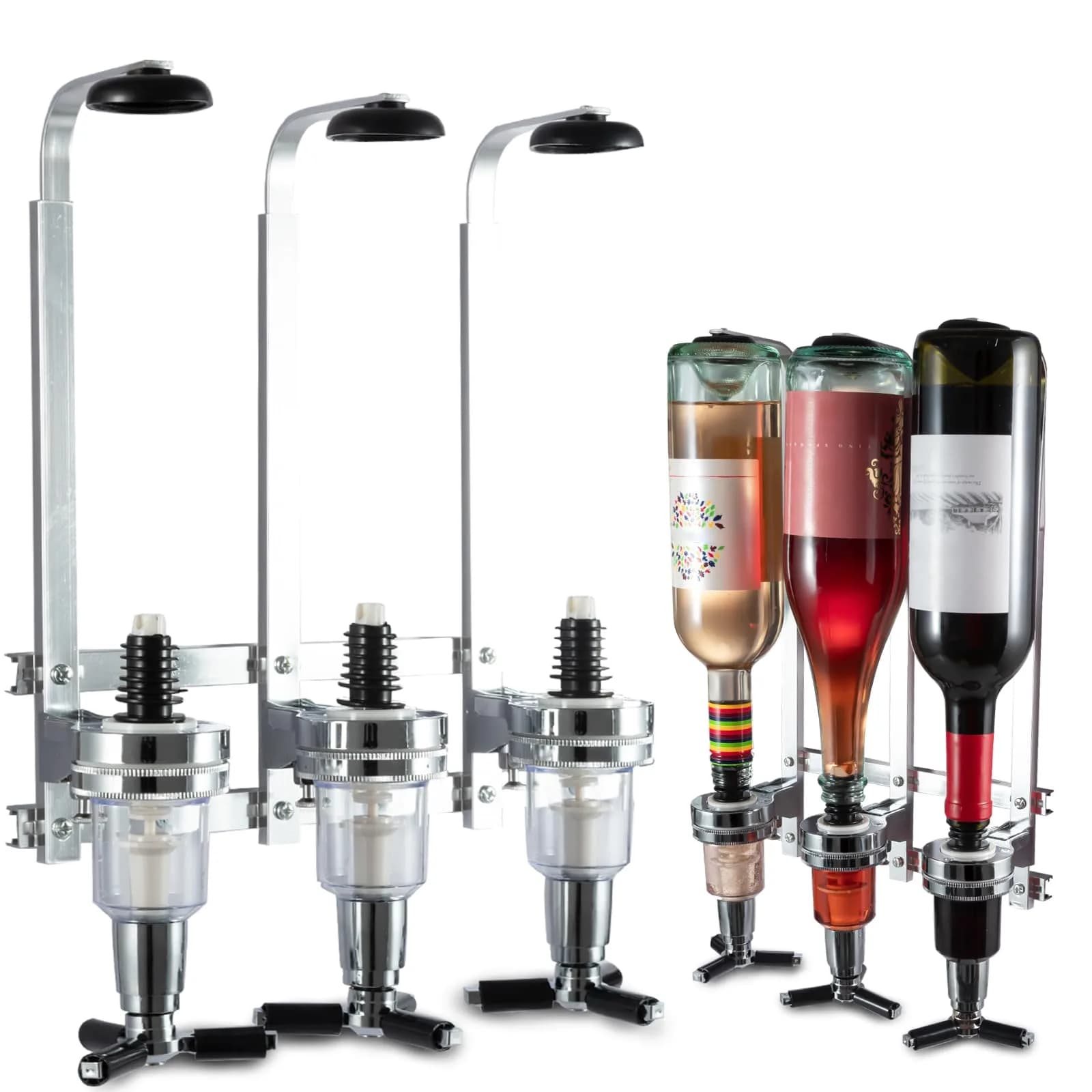 MUGLIO 3 Bottle Wall Mounted Liquor Dispenser Silver | Modern Bar Butler Bracket for Home Bars — 3 Bottles