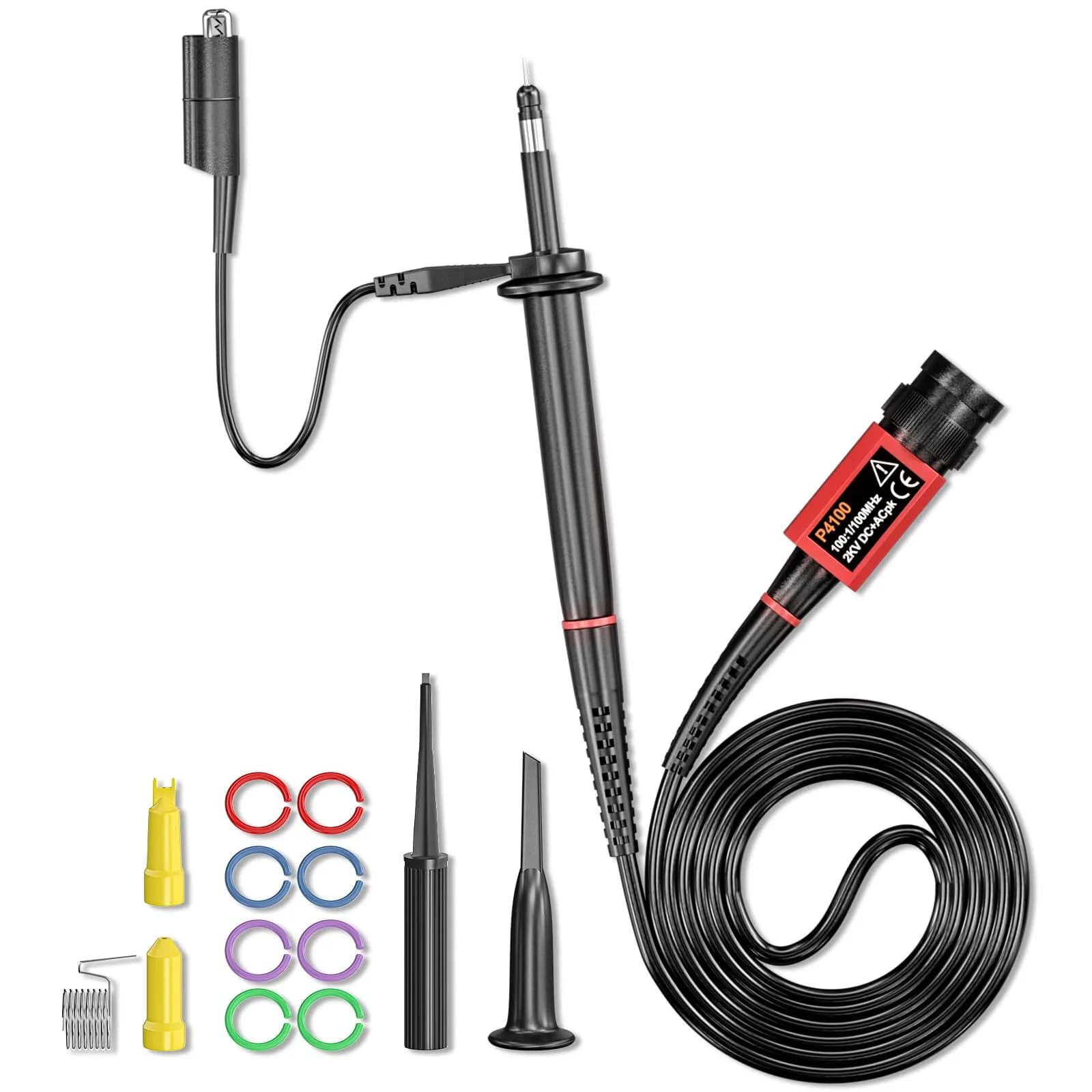 Goupchn P4100 High Voltage Oscilloscope Probe 100MHz 2KV 100:1 Attenuation | 1.2m Cable & Accessory Kit — X100 100MHz 2KV 1PCS