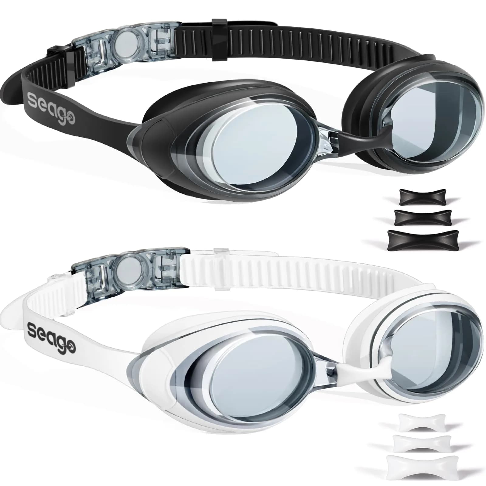 Seago Adult Swim Goggles 2-Pack | Anti-Fog, UV Protection, Leakproof — Black & White