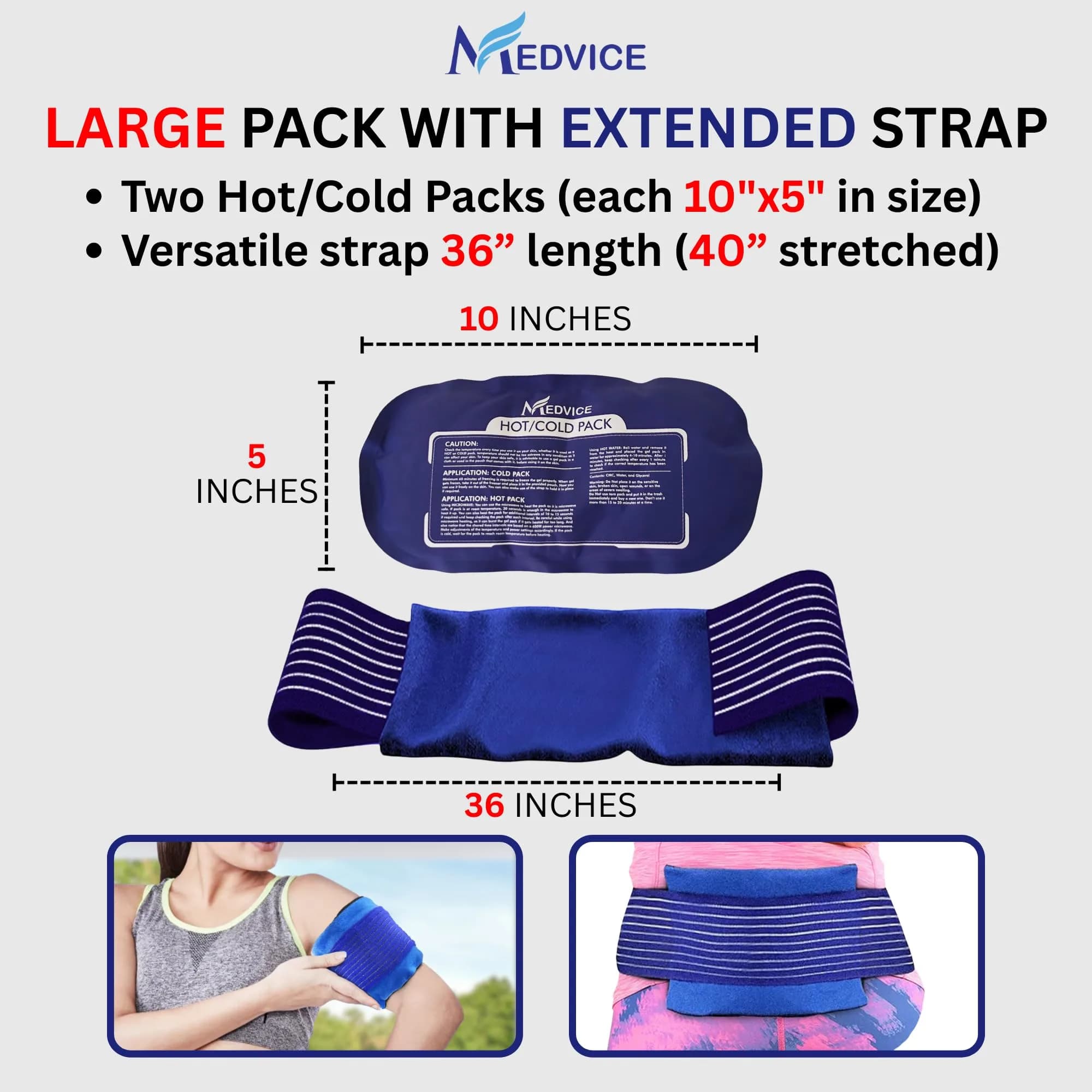 MEDVICE Reusable Hot and Cold Ice Packs with Strap, 3-Piece Set, Joint Pain Relief 25cm (10" L) | Flexible & Adjustable for Full Body Support - view 2