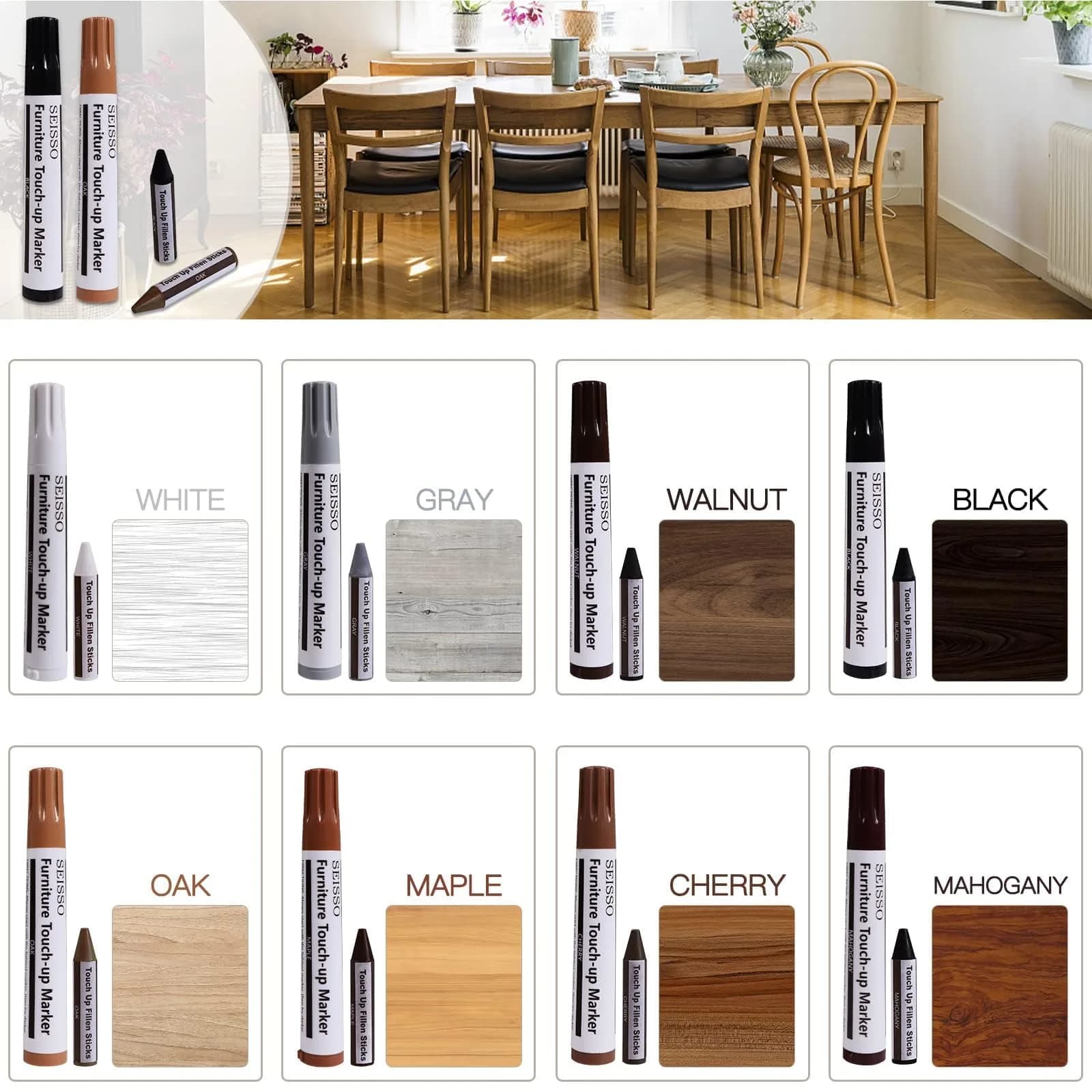 SEISSO Furniture Repair Kit 17PCS Wood Markers & Wax Sticks | Touch Up Scratches & Stains - view 2