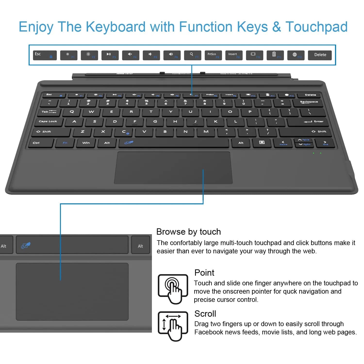 Arteck Bluetooth Keyboard for Microsoft Surface Pro 7/6/5/4/3 | Ultra-Slim Portable Wireless Keyboard with Touchpad - view 3