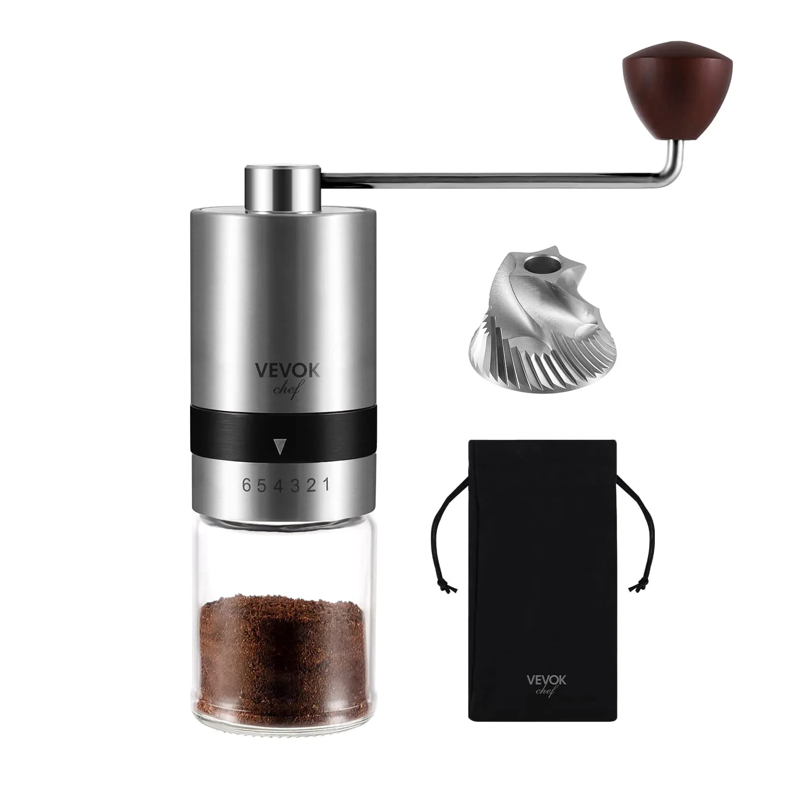 VEVOK CHEF Manual Coffee Grinder Stainless Steel Burr Grinder 48g | 6 Adjustable Settings for Home & Travel