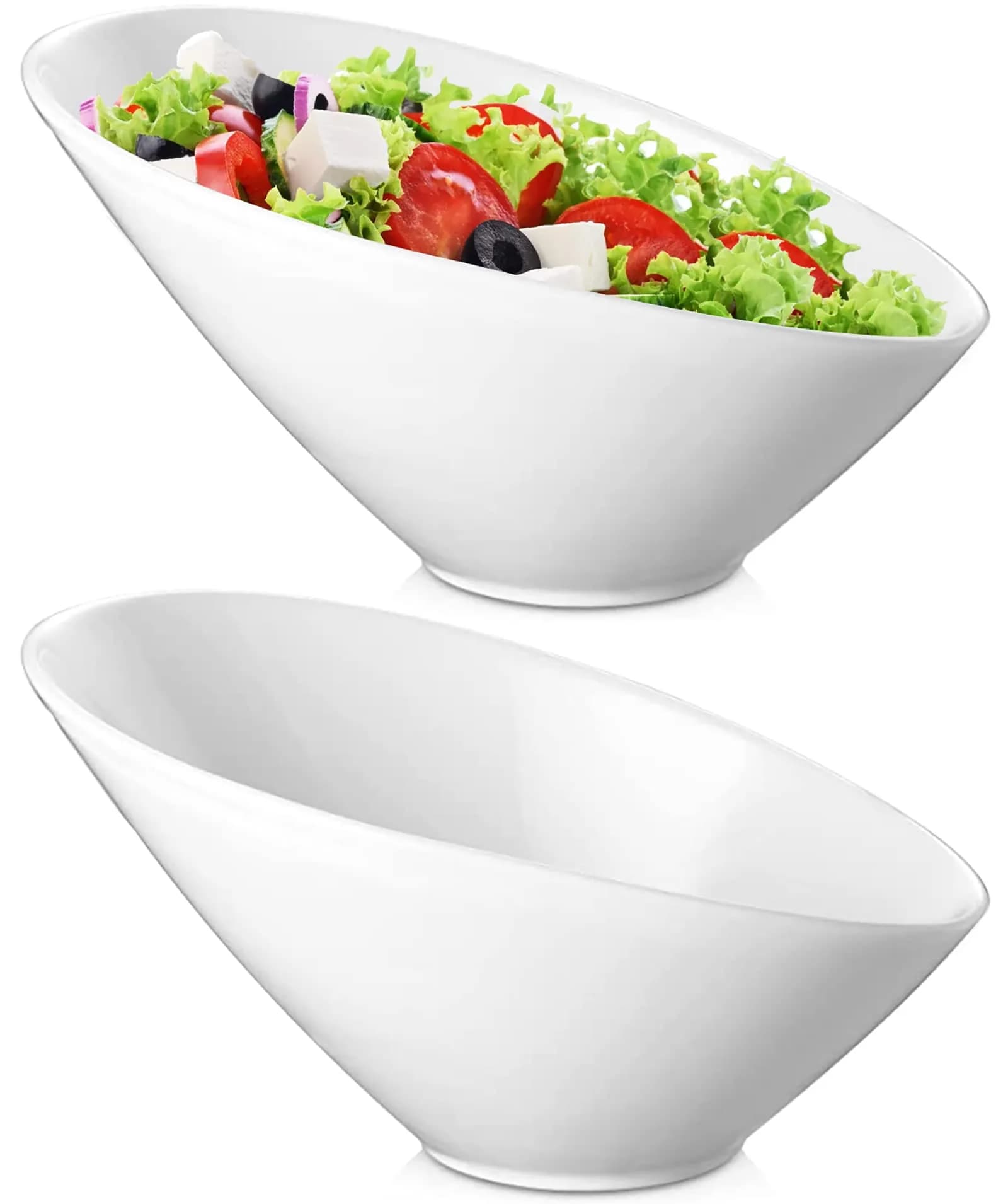 Yesland 24oz White Ceramic Serving Bowls Set of 2 | Angled Salad Pasta Bowls for Kitchen & Restaurant Use — White
