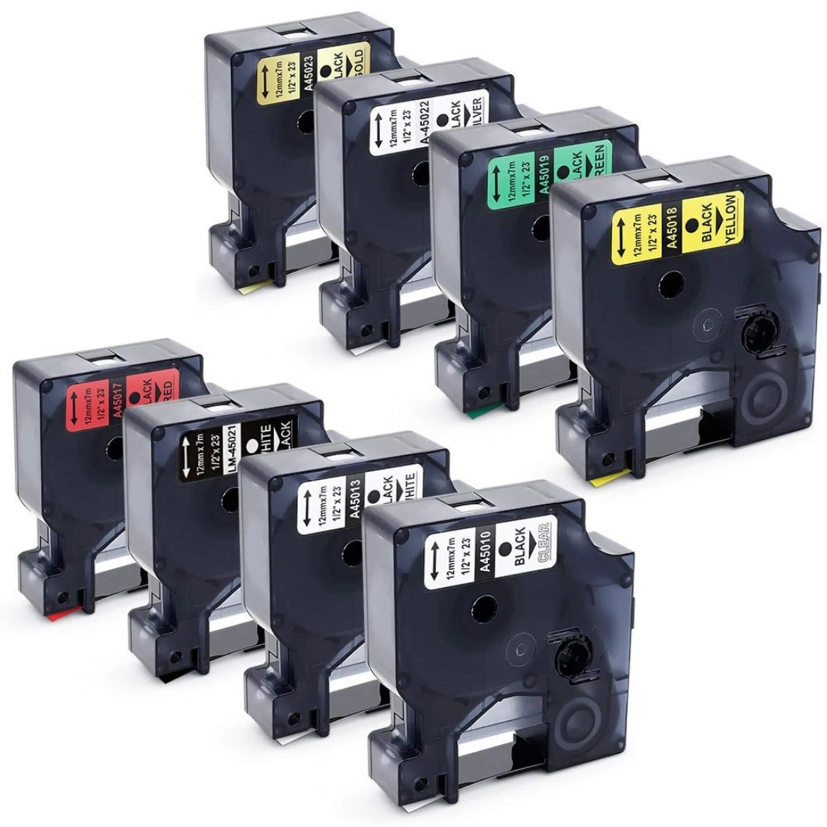 LabelPros Compatible Dymo D1 Label Tape 12mm (0.47 Inch) x 7m (23 Feet) — 8-Pack | Black on Clear/White/Red/Yellow/Green/Silver/Gold on Black - main product image
