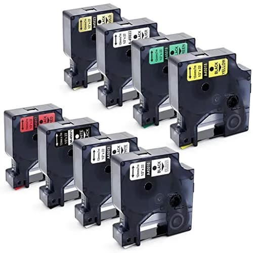 LabelPros Compatible Dymo D1 Label Tape 12mm (0.47 Inch) x 7m (23 Feet) — 8-Pack | Black on Clear/White/Red/Yellow/Green/Silver/Gold on Black thumbnail 1