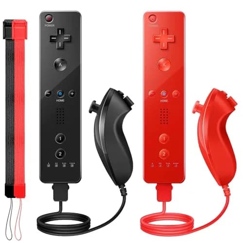 PGYFDAL Wii Remote Controller 2 Pack Black and Red | Bluetooth Wireless Gamepad with Nunchuk & Silicone Case thumbnail 1