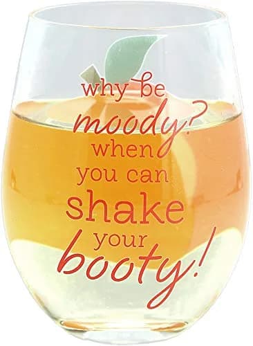 Pavilion Gift Company Why Be Moody? When You Can Shake Your Booty! Stemless Wine Glass 266ml (8.5 fl oz) | Fun Peach Patterned Drinkware thumbnail 1