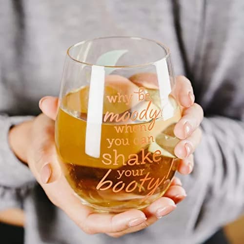 Pavilion Gift Company Why Be Moody? When You Can Shake Your Booty! Stemless Wine Glass 266ml (8.5 fl oz) | Fun Peach Patterned Drinkware thumbnail 7