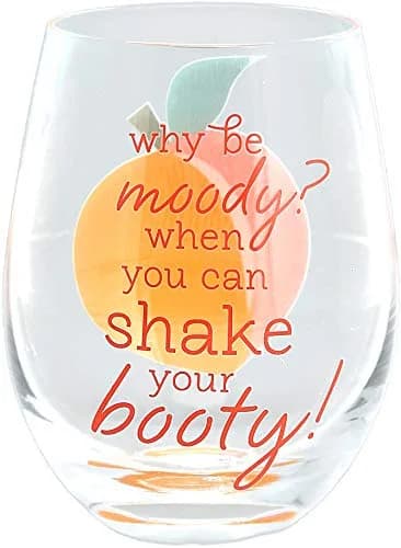 Pavilion Gift Company Why Be Moody? When You Can Shake Your Booty! Stemless Wine Glass 266ml (8.5 fl oz) | Fun Peach Patterned Drinkware thumbnail 2