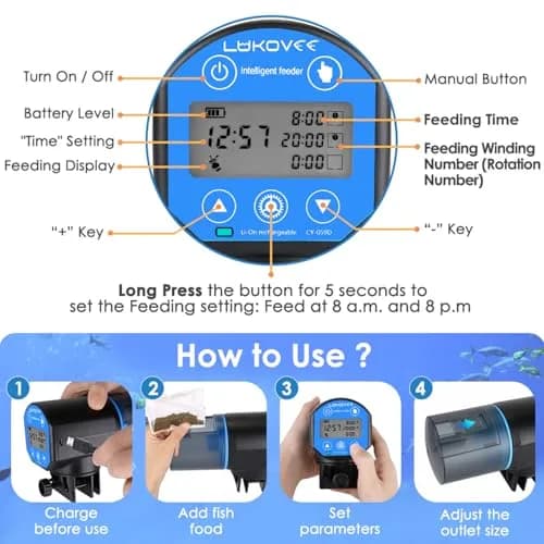 Lukovee Automatic Fish Feeder 200ML | Digital Timer, USB Rechargeable, Easy Setup for Fish & Turtles thumbnail 5