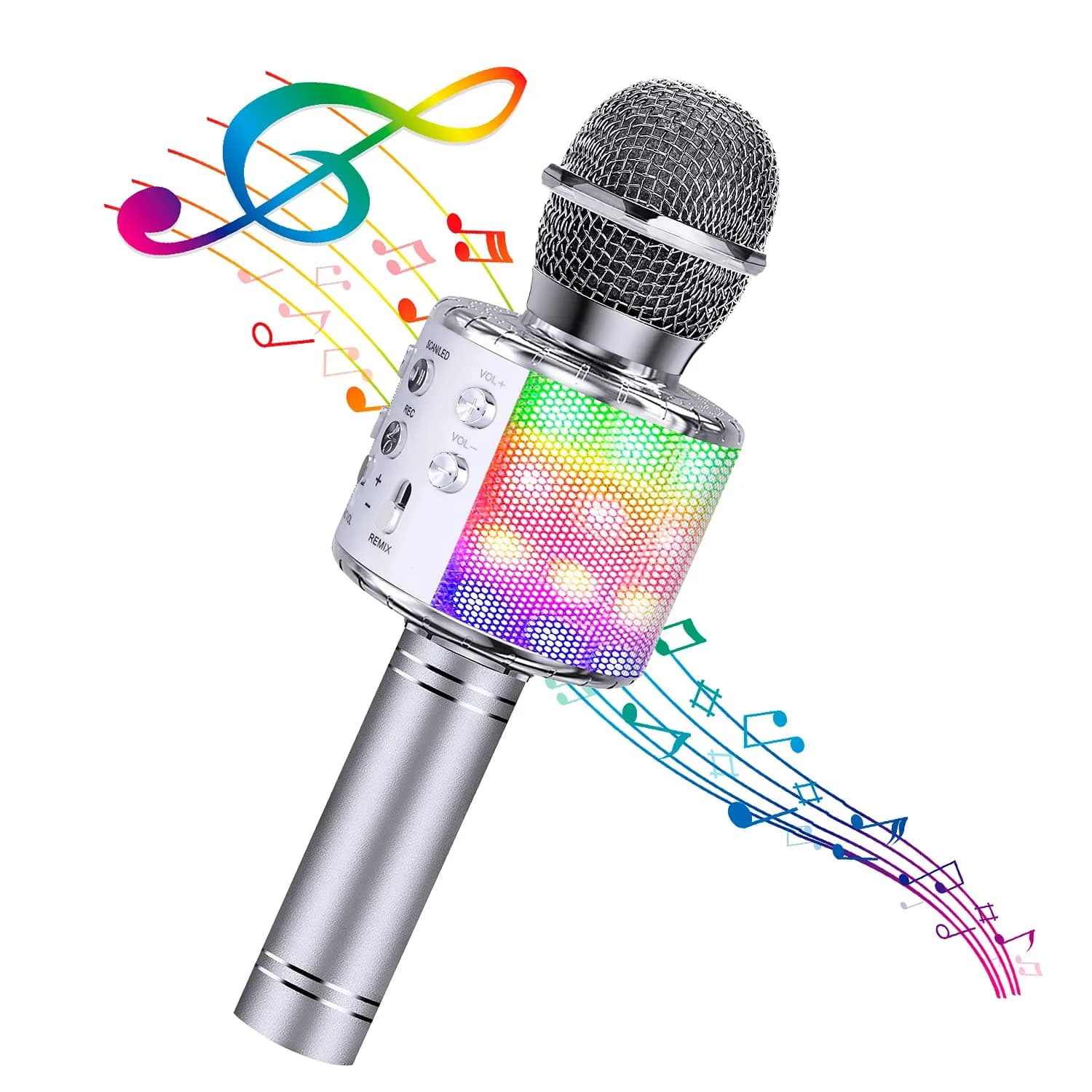 BlueFire 4-in-1 Karaoke Wireless Microphone with LED Lights, Portable Microphone for Kids, Girls, Boys & Adults (Silver) | Rechargeable Bluetooth Speaker & Recorder — Silver