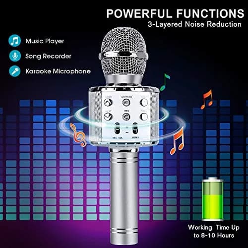 BlueFire 4-in-1 Karaoke Wireless Microphone with LED Lights, Portable Microphone for Kids, Girls, Boys & Adults (Silver) | Rechargeable Bluetooth Speaker & Recorder thumbnail 5
