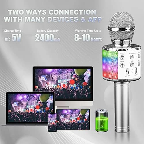 BlueFire 4-in-1 Karaoke Wireless Microphone with LED Lights, Portable Microphone for Kids, Girls, Boys & Adults (Silver) | Rechargeable Bluetooth Speaker & Recorder thumbnail 6
