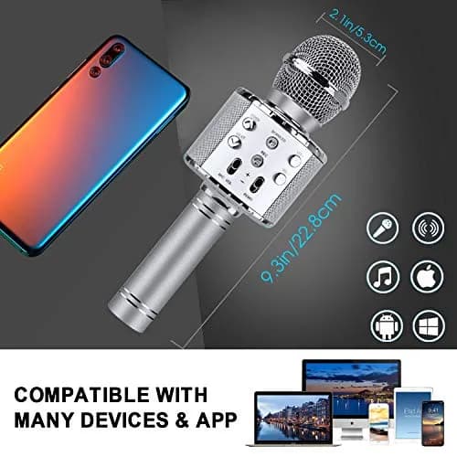 BlueFire 4-in-1 Karaoke Wireless Microphone with LED Lights, Portable Microphone for Kids, Girls, Boys & Adults (Silver) | Rechargeable Bluetooth Speaker & Recorder thumbnail 7