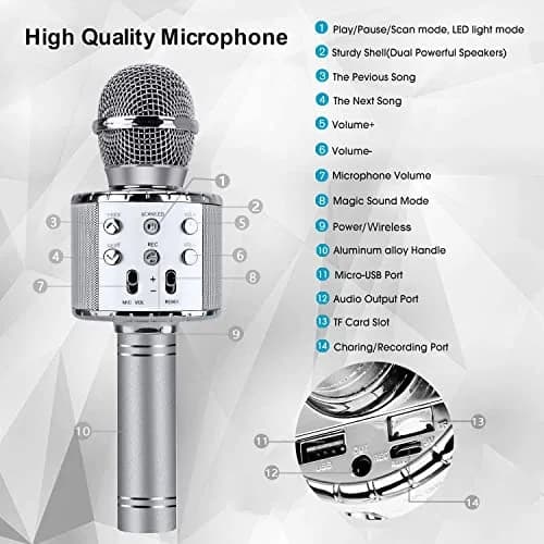 BlueFire 4-in-1 Karaoke Wireless Microphone with LED Lights, Portable Microphone for Kids, Girls, Boys & Adults (Silver) | Rechargeable Bluetooth Speaker & Recorder thumbnail 3
