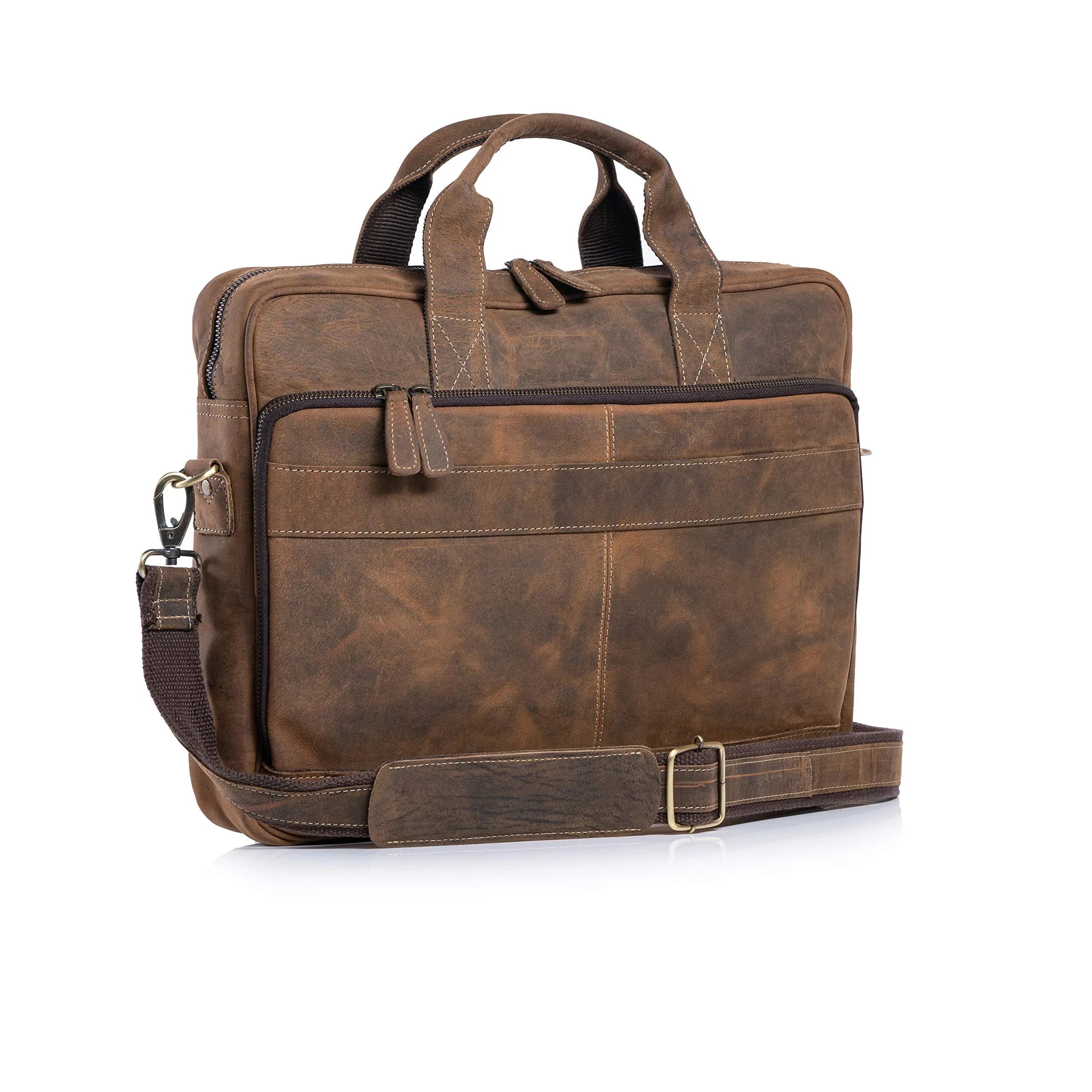 KomalC Leather Briefcase 16-inch Laptop Messenger Bag Satchel for Men & Women | Premium Buffalo Leather — Distressed Tan