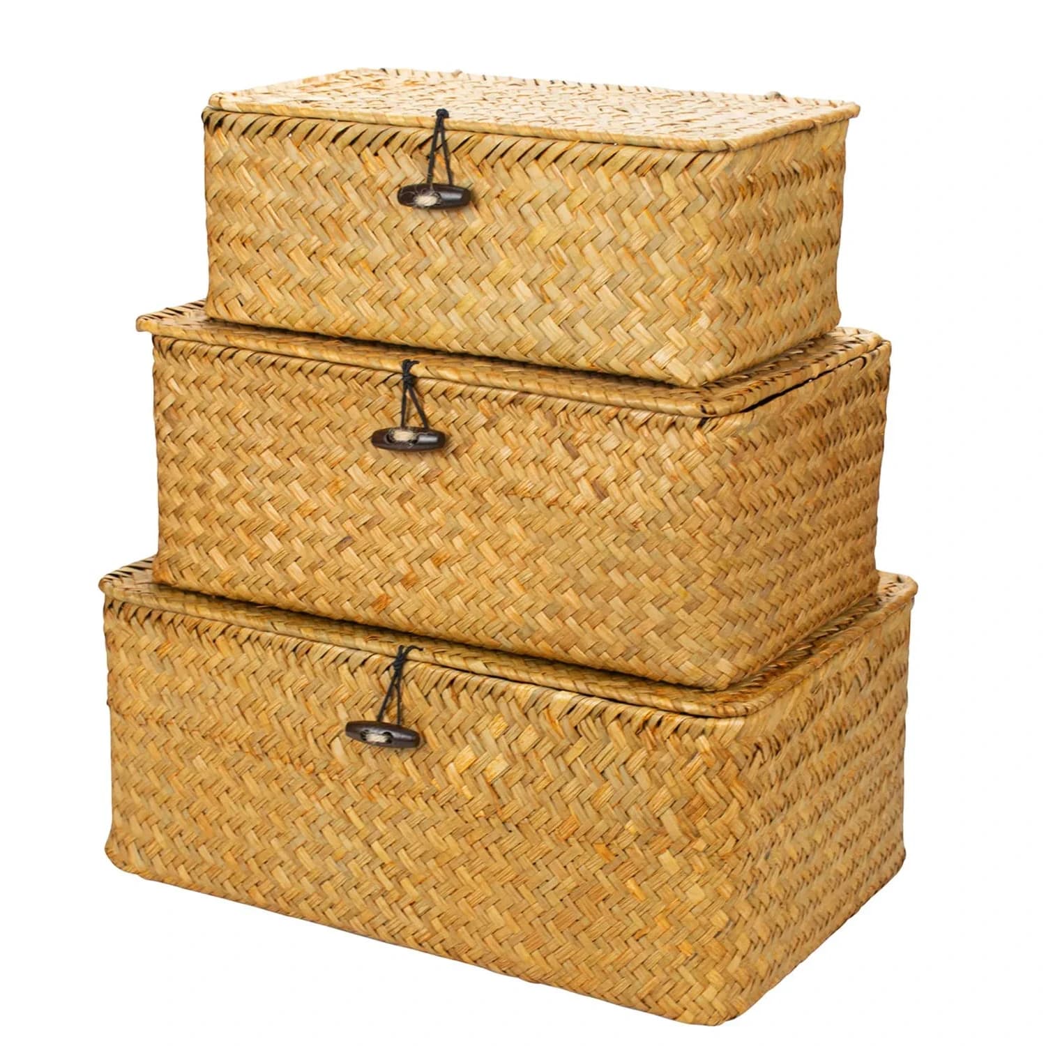 Yesland Handwoven Seagrass Storage Baskets with Lid Set of 3, Compact Rectangular Wicker Bins 20cm (L) | Bohemian Style Organizer for Shelves, Closets, Desktops — Brown