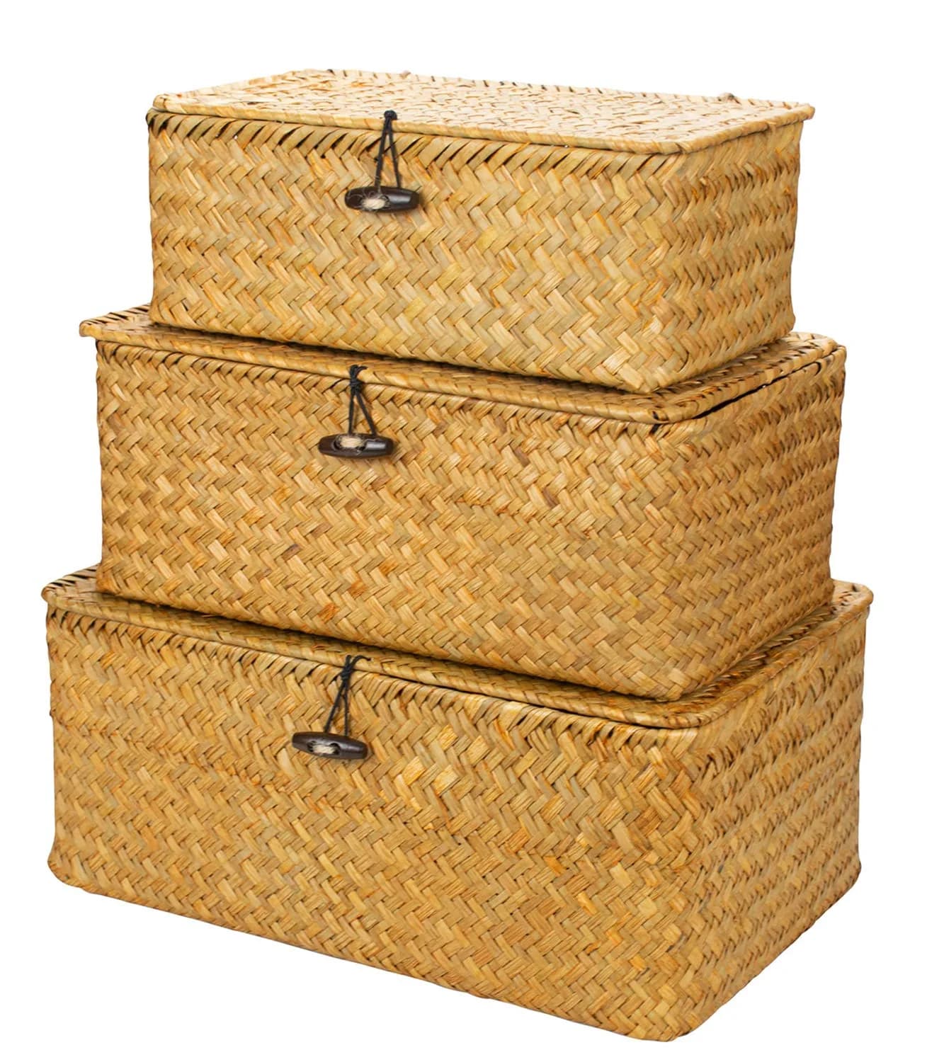 Yesland Handwoven Seagrass Storage Baskets with Lid Set of 3, Compact Rectangular Wicker Bins 20cm (L) | Bohemian Style Organizer for Shelves, Closets, Desktops - main product image