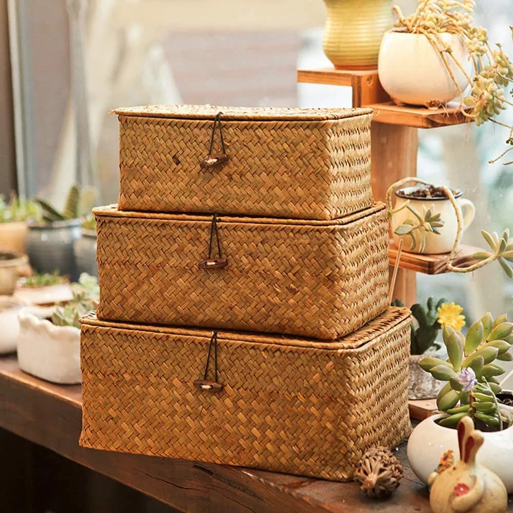 Yesland Handwoven Seagrass Storage Baskets with Lid Set of 3, Compact Rectangular Wicker Bins 20cm (L) | Bohemian Style Organizer for Shelves, Closets, Desktops - view 5