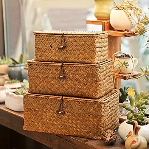 Yesland Handwoven Seagrass Storage Baskets with Lid Set of 3, Compact Rectangular Wicker Bins 20cm (L) | Bohemian Style Organizer for Shelves, Closets, Desktops thumbnail 5