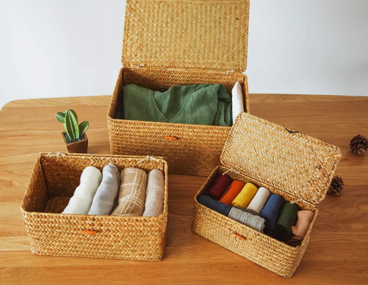 Yesland Handwoven Seagrass Storage Baskets with Lid Set of 3, Compact Rectangular Wicker Bins 20cm (L) | Bohemian Style Organizer for Shelves, Closets, Desktops - view 6