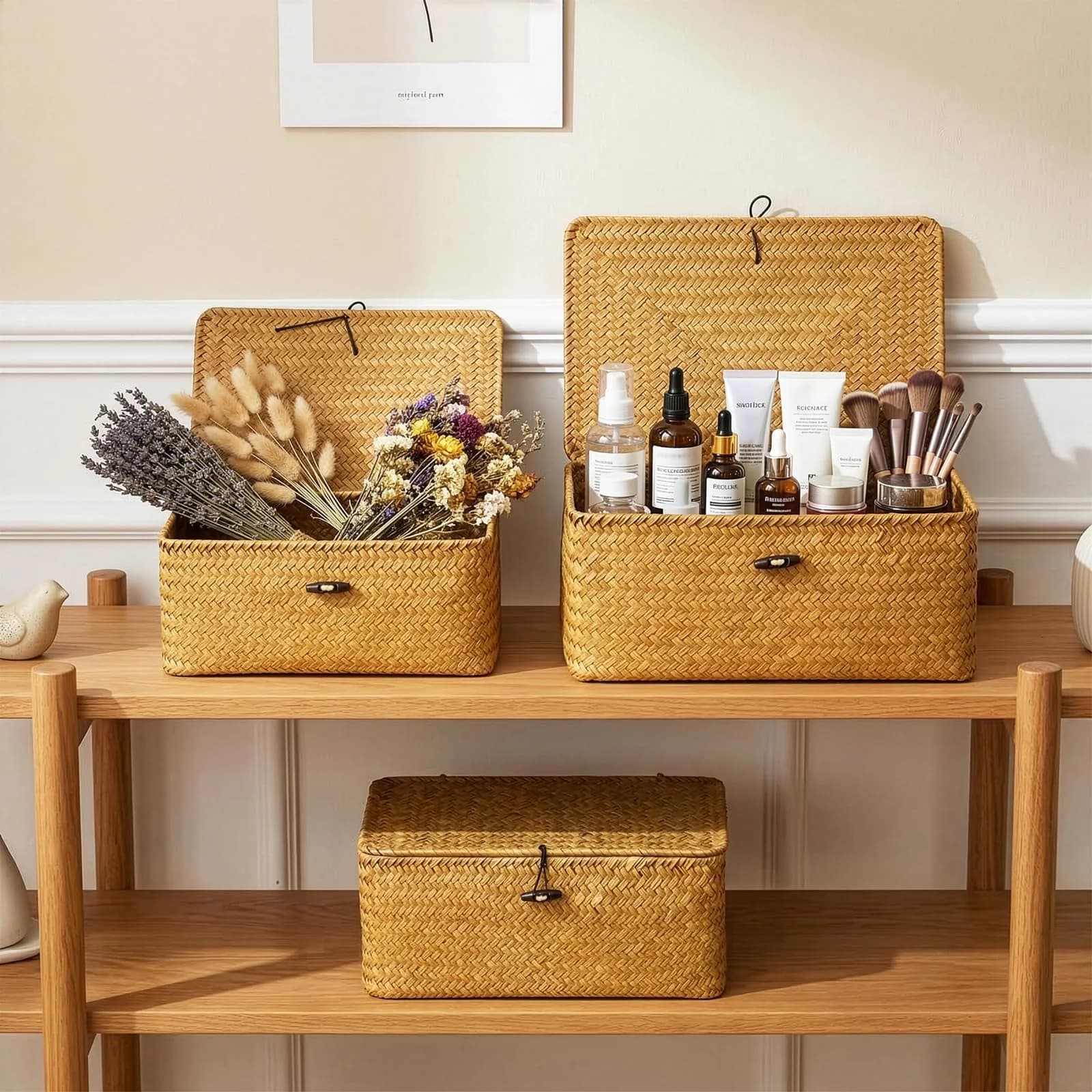 Yesland Handwoven Seagrass Storage Baskets with Lid Set of 3, Compact Rectangular Wicker Bins 20cm (L) | Bohemian Style Organizer for Shelves, Closets, Desktops - view 7
