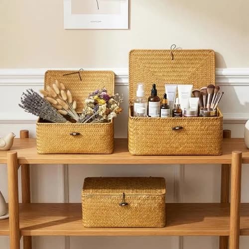 Yesland Handwoven Seagrass Storage Baskets with Lid Set of 3, Compact Rectangular Wicker Bins 20cm (L) | Bohemian Style Organizer for Shelves, Closets, Desktops thumbnail 7