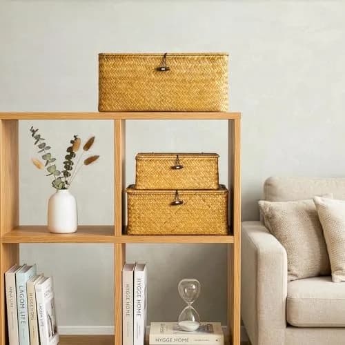 Yesland Handwoven Seagrass Storage Baskets with Lid Set of 3, Compact Rectangular Wicker Bins 20cm (L) | Bohemian Style Organizer for Shelves, Closets, Desktops thumbnail 8