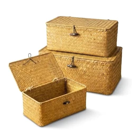 Yesland Handwoven Seagrass Storage Baskets with Lid Set of 3, Compact Rectangular Wicker Bins 20cm (L) | Bohemian Style Organizer for Shelves, Closets, Desktops thumbnail 9