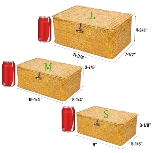 Yesland Handwoven Seagrass Storage Baskets with Lid Set of 3, Compact Rectangular Wicker Bins 20cm (L) | Bohemian Style Organizer for Shelves, Closets, Desktops thumbnail 2