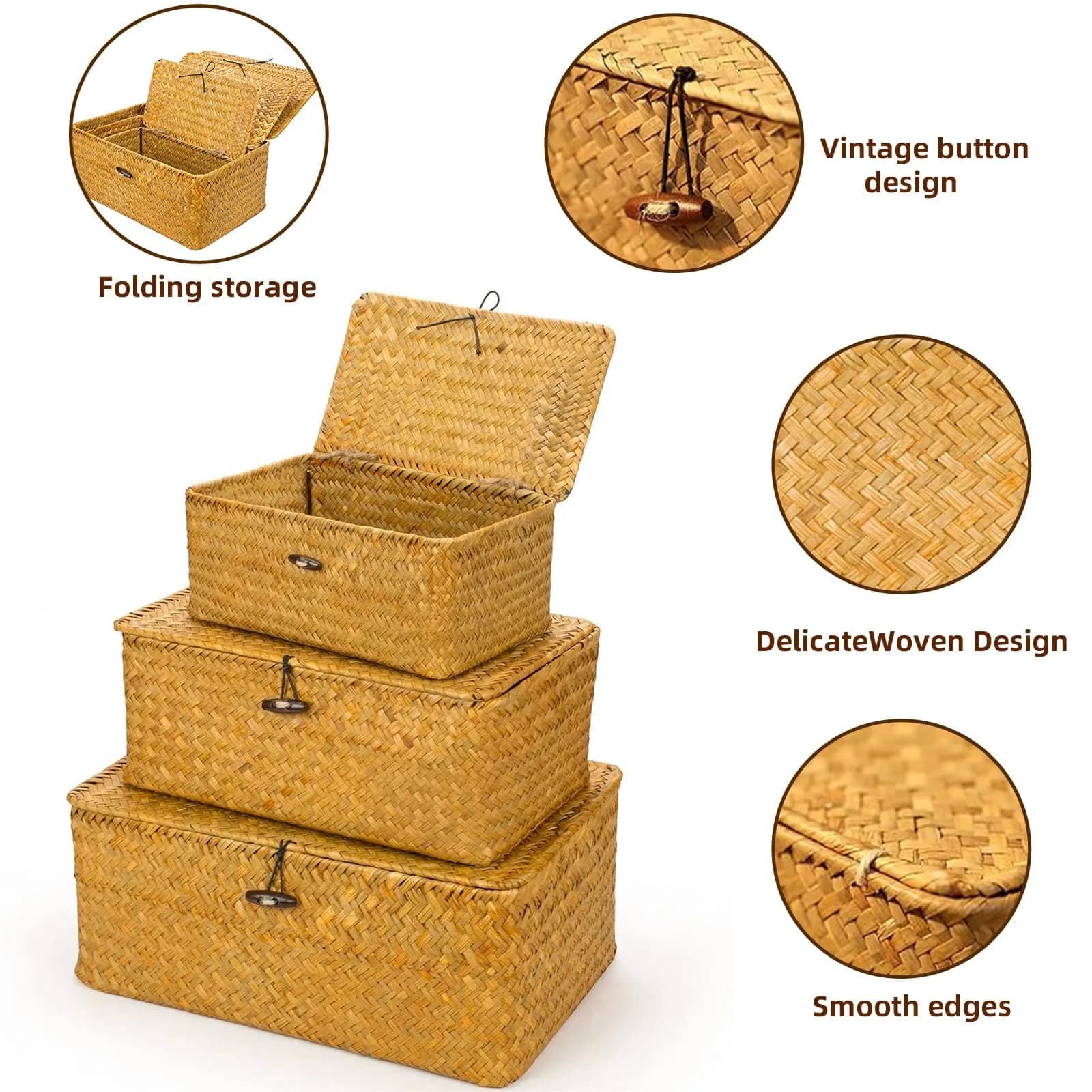 Yesland Handwoven Seagrass Storage Baskets with Lid Set of 3, Compact Rectangular Wicker Bins 20cm (L) | Bohemian Style Organizer for Shelves, Closets, Desktops - view 3