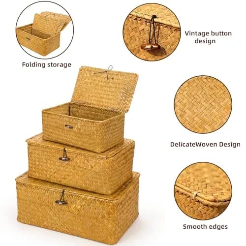 Yesland Handwoven Seagrass Storage Baskets with Lid Set of 3, Compact Rectangular Wicker Bins 20cm (L) | Bohemian Style Organizer for Shelves, Closets, Desktops thumbnail 3