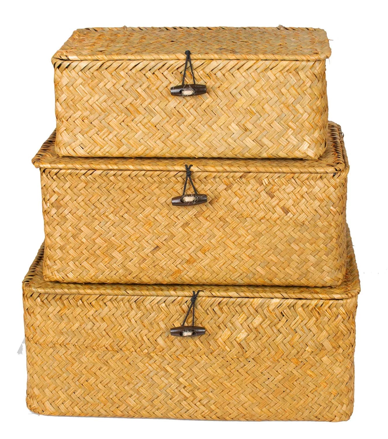 Yesland Handwoven Seagrass Storage Baskets with Lid Set of 3, Compact Rectangular Wicker Bins 20cm (L) | Bohemian Style Organizer for Shelves, Closets, Desktops - view 4