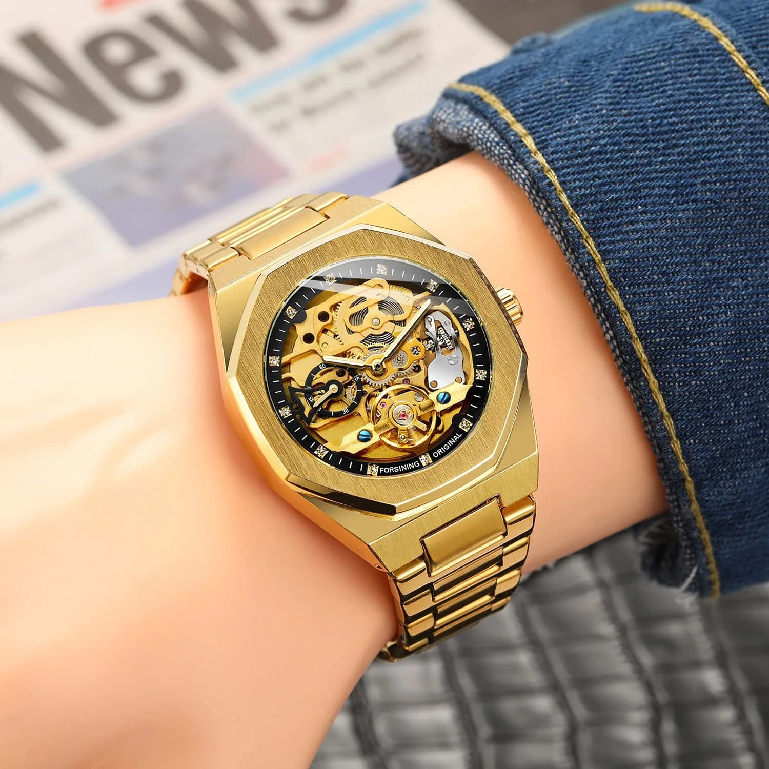 FANMIS Skeleton Automatic Watch for Men | 45mm Stainless Steel Case, Black Gold - view 4