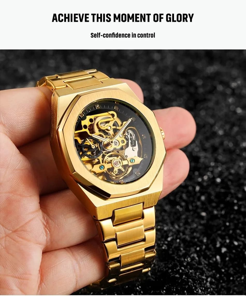 FANMIS Skeleton Automatic Watch for Men | 45mm Stainless Steel Case, Black Gold - view 5