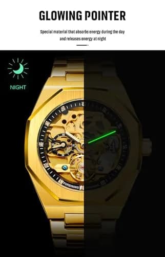 FANMIS Skeleton Automatic Watch for Men | 45mm Stainless Steel Case, Black Gold thumbnail 6
