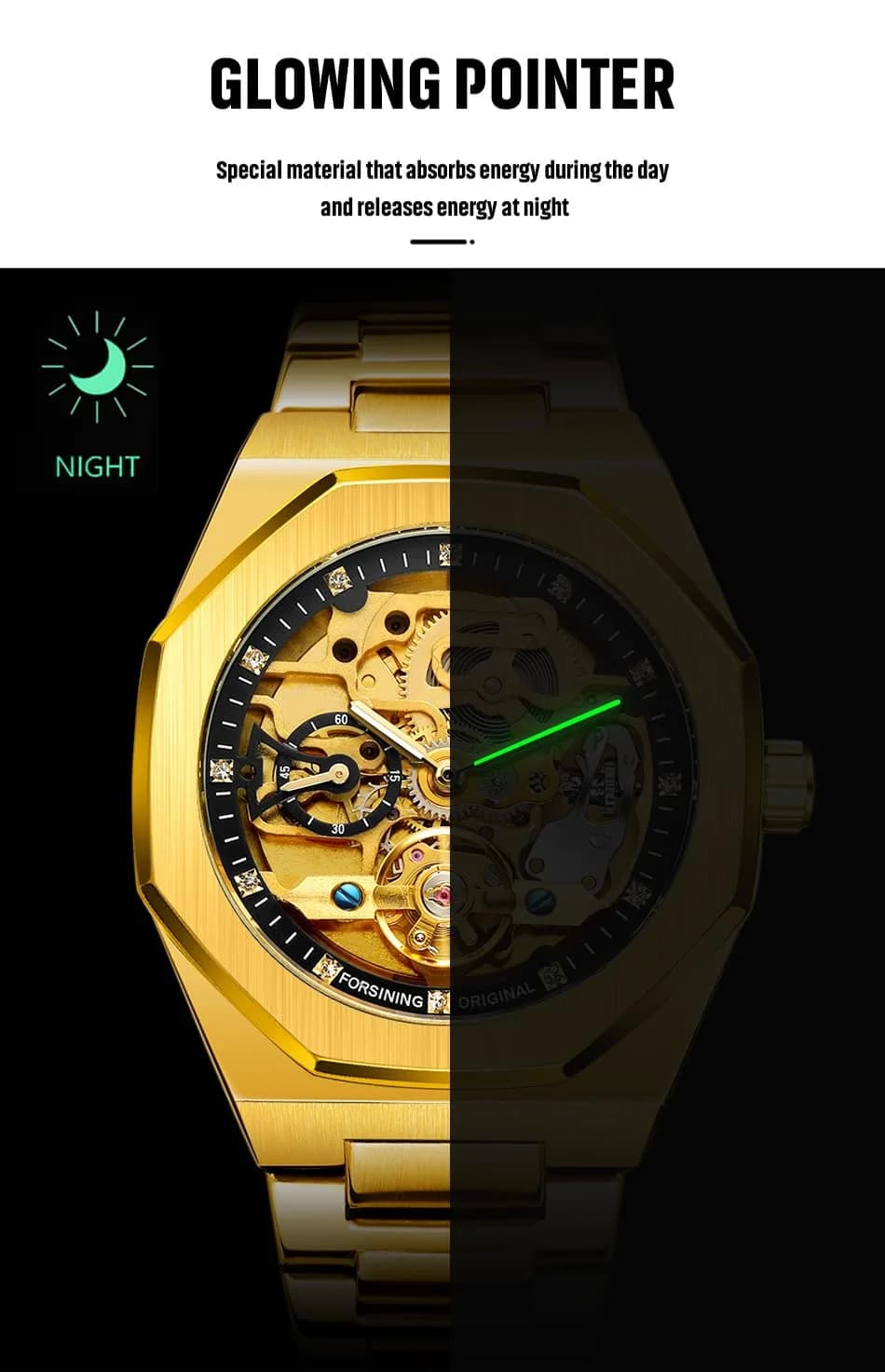 FANMIS Skeleton Automatic Watch for Men | 45mm Stainless Steel Case, Black Gold - view 6