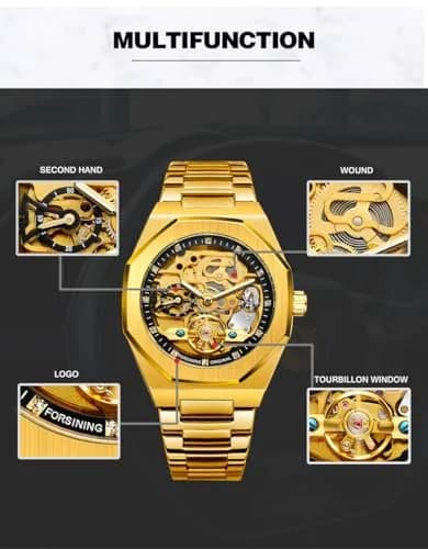 FANMIS Skeleton Automatic Watch for Men | 45mm Stainless Steel Case, Black Gold thumbnail 7