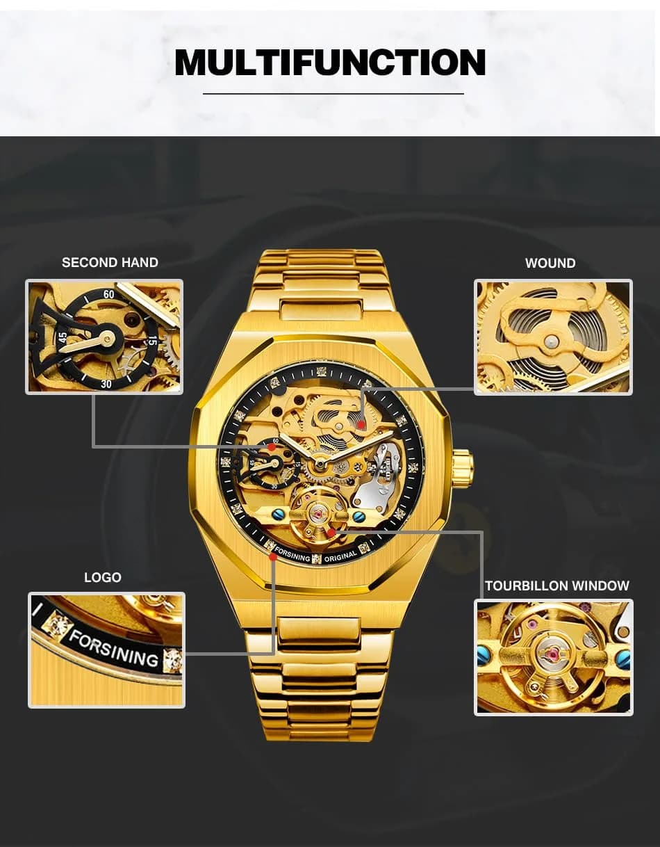 FANMIS Skeleton Automatic Watch for Men | 45mm Stainless Steel Case, Black Gold - view 7