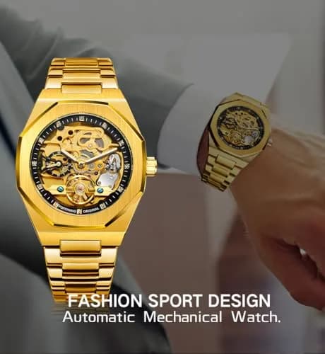 FANMIS Skeleton Automatic Watch for Men | 45mm Stainless Steel Case, Black Gold thumbnail 3