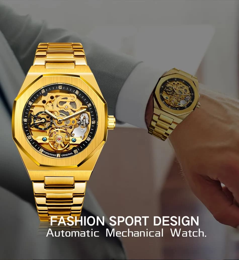 FANMIS Skeleton Automatic Watch for Men | 45mm Stainless Steel Case, Black Gold - view 3