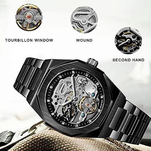 FANMIS Skeleton Automatic Watch 45mm Black Stainless Steel Bracelet | Luxury Men's Wristwatch thumbnail 5