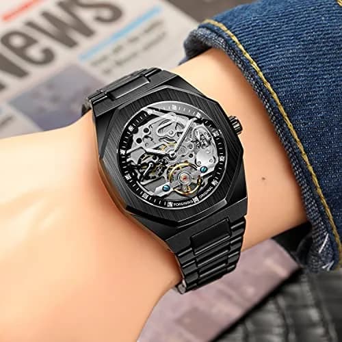 FANMIS Skeleton Automatic Watch for Men | 45mm Stainless Steel Case, Black Gold - view 3