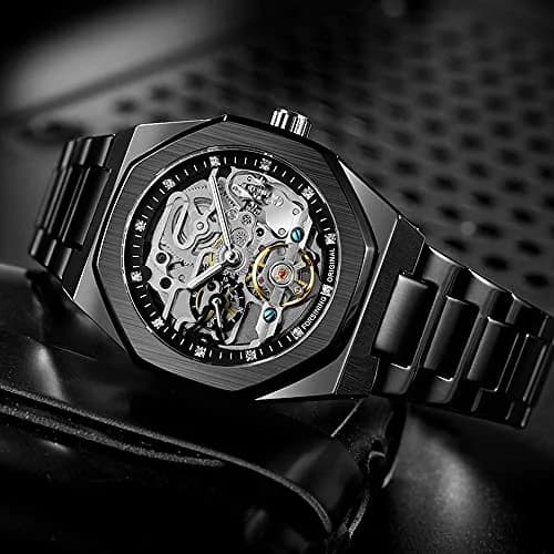 FANMIS Skeleton Automatic Watch for Men | 45mm Stainless Steel Case, Black Gold - view 4