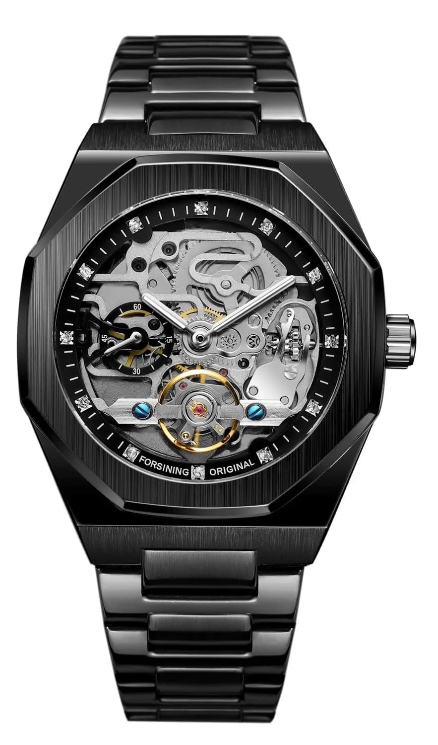 FANMIS Skeleton Automatic Watch for Men | 45mm Stainless Steel Case, Black Gold — C Black