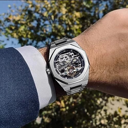 FANMIS Skeleton Automatic Watch for Men | 45mm Stainless Steel Case, Black Gold - view 4