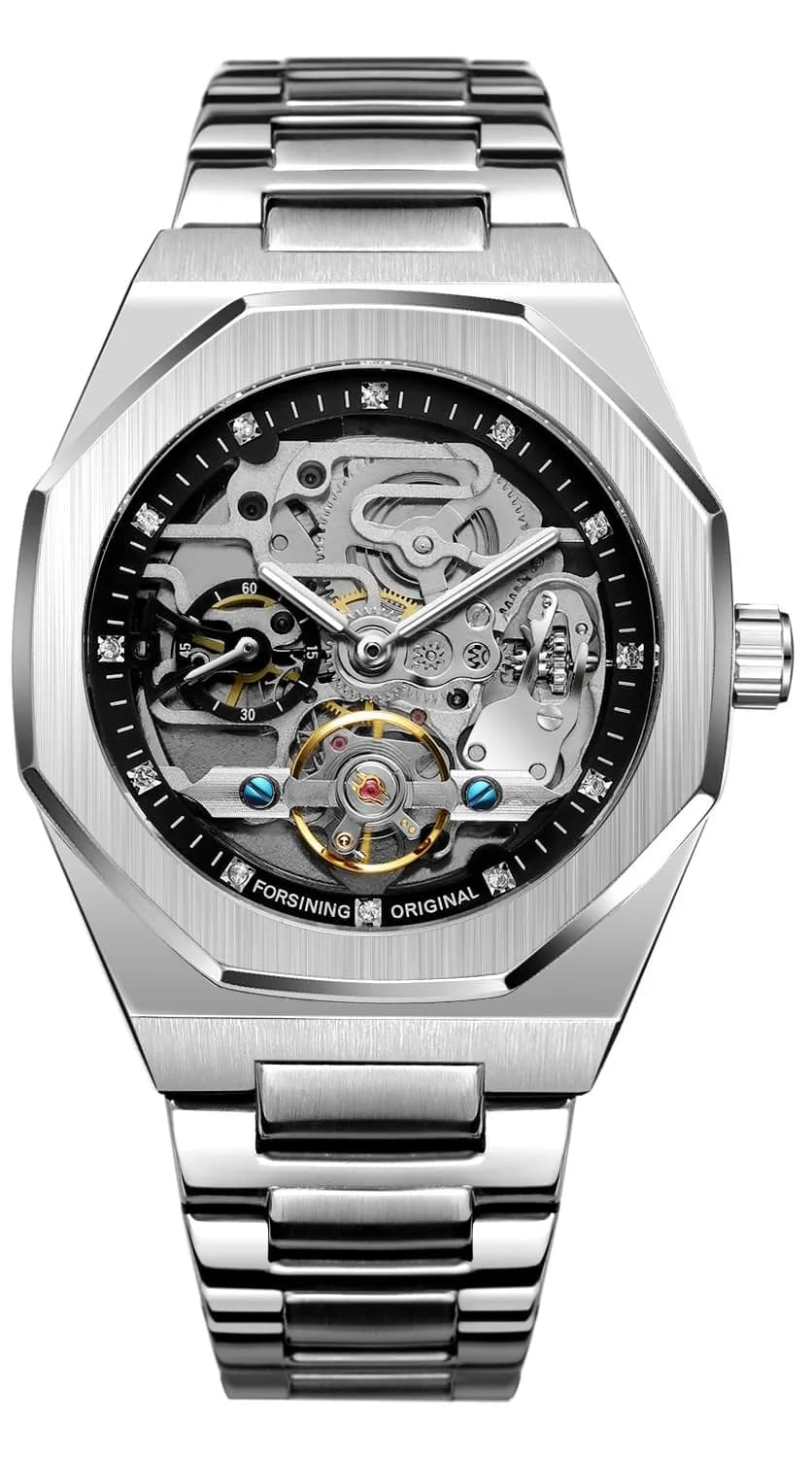 FANMIS Skeleton Automatic Watch for Men | 45mm Stainless Steel Case, Black Gold — Silver Black