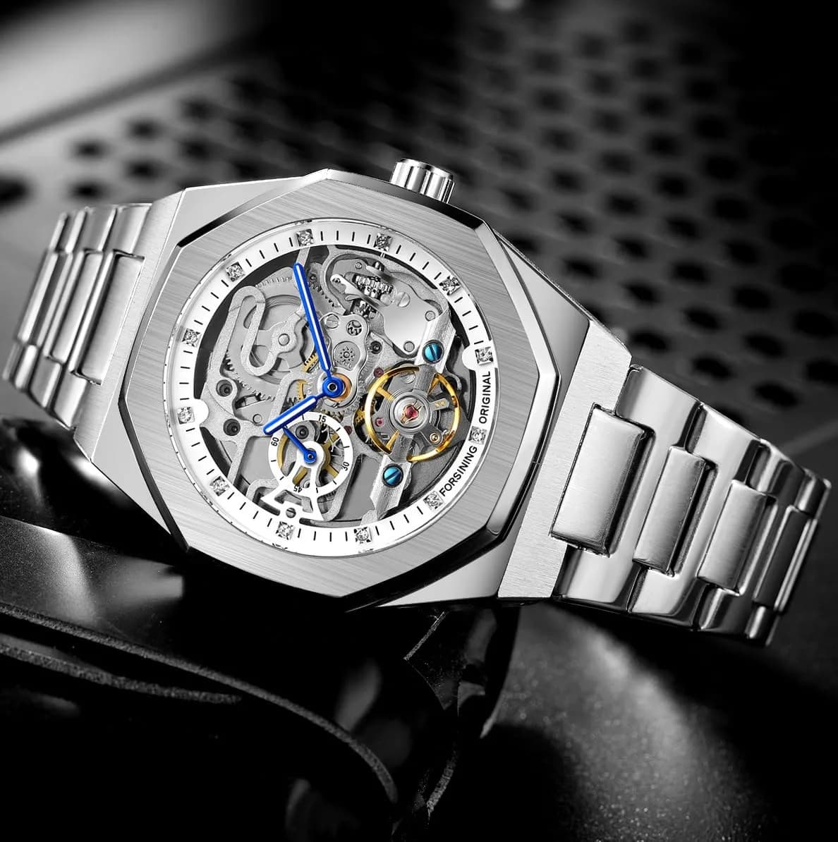FANMIS Skeleton Automatic Watch for Men, 45mm Stainless Steel Case, Silver Gold | Luxury Sport Timepiece - view 5